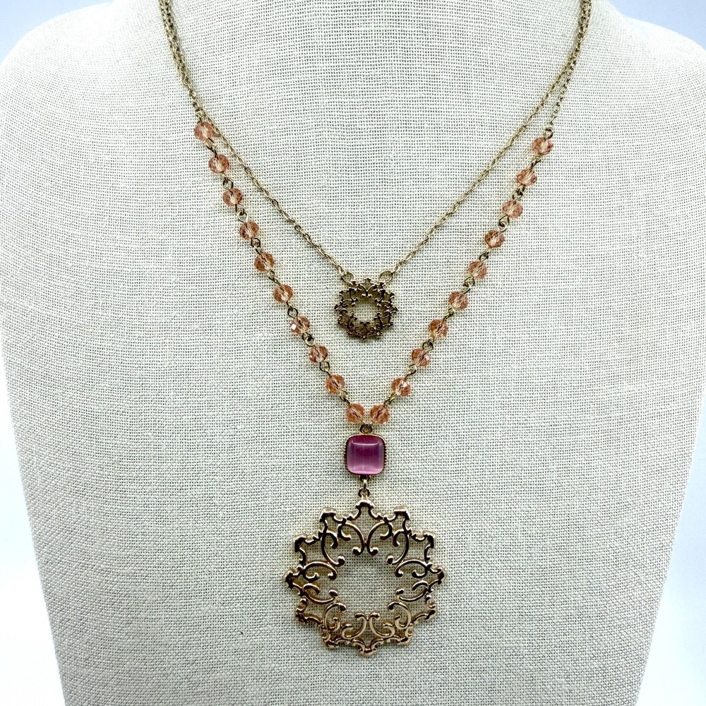 Layered Gold Tone Necklace Pink Cabochon Ornate Filigree Pendant 19in